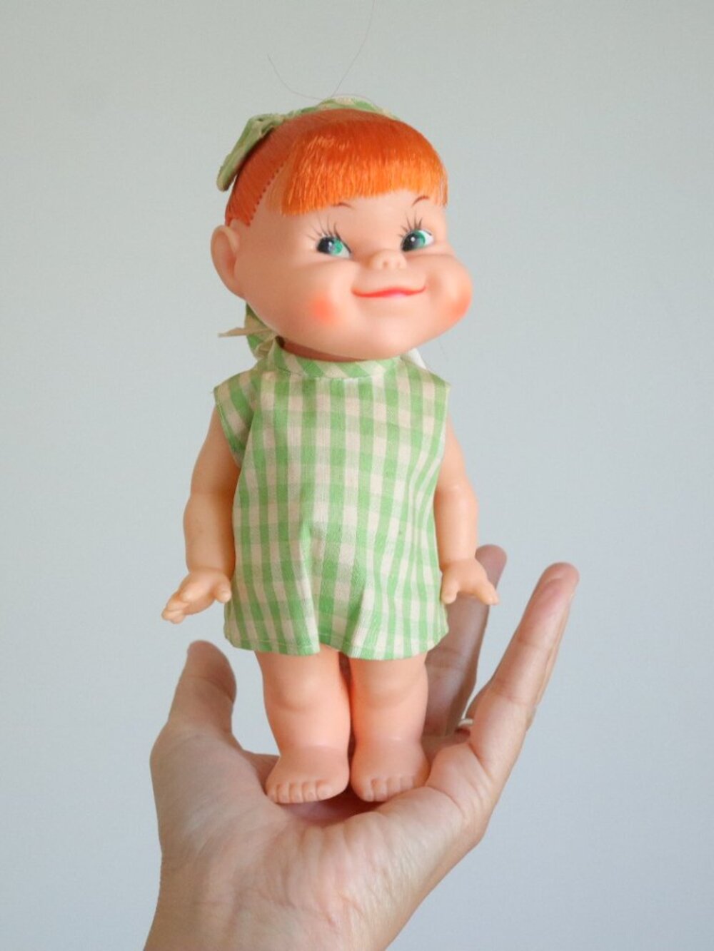 Vintage 1960s Japan Ponytail Girl Dress with Green Dress / 7" Antique 1960